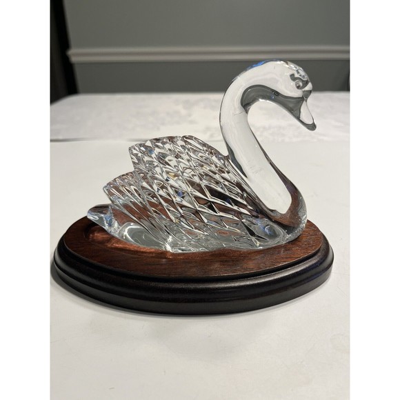 Waterford Crystal Swan Figurine Paperweight with Wooden Base Signed Retired